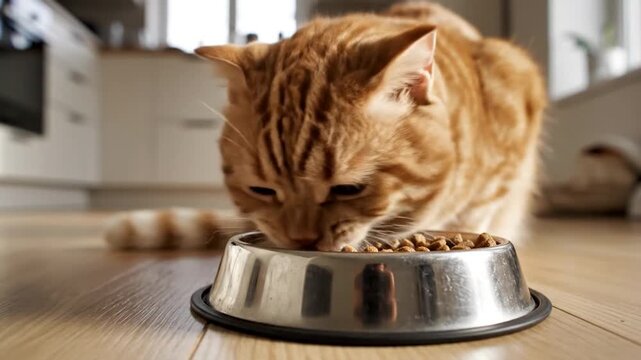 A cute ginger tabby cat eating dry kibble from a l bowl.