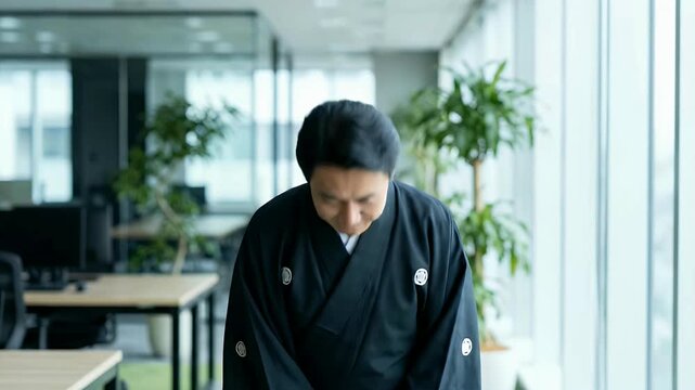 Polite japanese businessman in kimono bowing respectfully in modern office