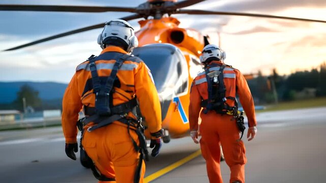 Faceless paramedics in orange uniforms getting into helicopter, motion blur emphasizing action, emergency response scene, with copy space