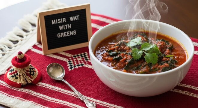 Spicy Misir Wat Lentil Stew with Spinach and Rising Steam on Red-Bordered Shemma with Copy Space