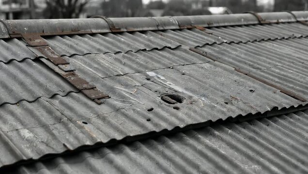 Cinematic 4K monochrome footage of weathered corrugated metal roof highlighting rust texture structural damage architecture construction industrial stock 