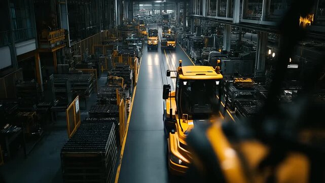View from above production line with materials arranged methodically, heavy machinery interspersed with maintenance walkways, showcasing scale and complexity, with copy space