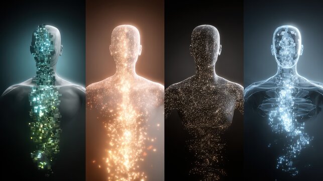 Abstract representation of human figures with glowing particles in various colors, showcasing transformation and digital evolution in a futuristic concept