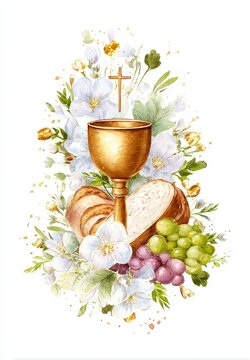 easter illustration, first communion for children with chalice and bread