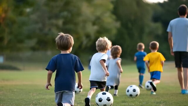 Anonymous group of children attending soccer class with coach, faceless school kids running and kicking balls, summer training camp activities, football practice session, youth