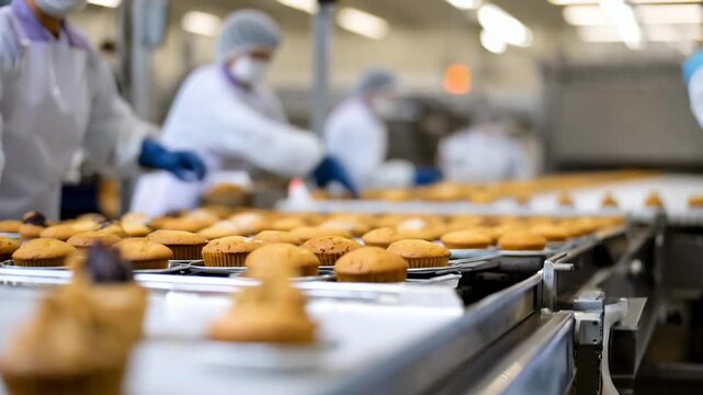 Worker wearing gloves and protective gear performing allergen testing on bakery items to prevent crosscontact in a food production facility.