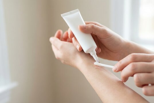 A woman applies a healing ointment from a white tube onto a scar on her arm, demonstrating skin care and medical treatment.