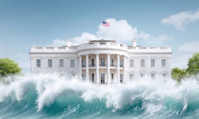 Colossal blue tsunami crashing toward iconic white structure, creating dramatic scene with powerful waves and vibrant ocean energy