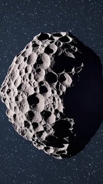 detailed cratered asteroid rotating slowly against dense starfield, pitted surface illuminated by subtle stellar light, macro view revealing microtopography and complex shadow play, ideal