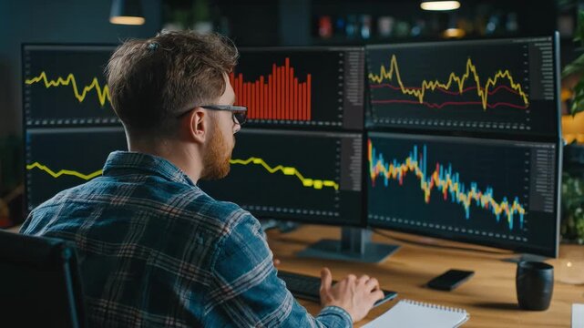 Medium shot of SEO specialist reviewing backlink profiles on multiple screens to strengthen offpage SEO and increase domain authority through linkbuilding strategies.