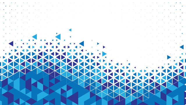 Abstract blue geometric triangle wave background, modern polygon grid pattern, dynamic gradient mosaic design with white copy space