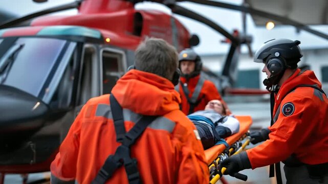 Faceless men in bright red orange jackets paramedics transporting person on stretchers into helicopter, view from behind, emergency evacuation, with copy space