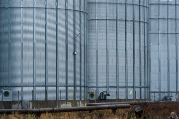 Obraz premium Towering structures catch the eye, showcasing their metallic surfaces in a cool, cloudy setting. Nature lingers around the base