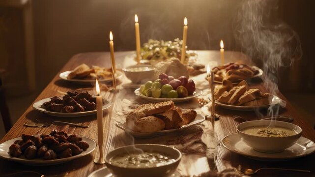 4K cinematic slow motion iftar dinner table setup with candles and food
