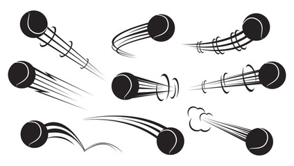 Flying balls for playing tennis with traces of air currents. Flight stream. Track effect. Speed curve motion. Championship hit and pass. Movement trajectory. Vector set of black silhouettes © VectorBum