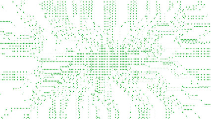 Obraz premium Abstract green dotted technology background with scattered circular particle pattern, digital data network concept, modern geometric communication design on white backdrop