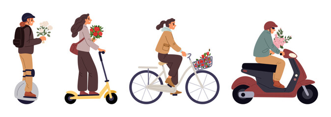 Couriers from flower delivery service ride monowheels, scooters, bicycles and mopeds. Deliveryman carries bouquets to customers. City transportation. Blossoms order. Vector delivers set © VectorBum