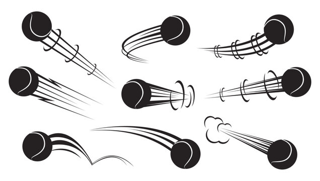 Flying balls for playing tennis with traces of air currents. Flight stream. Track effect. Speed curve motion. Championship hit and pass. Movement trajectory. Vector set of black silhouettes