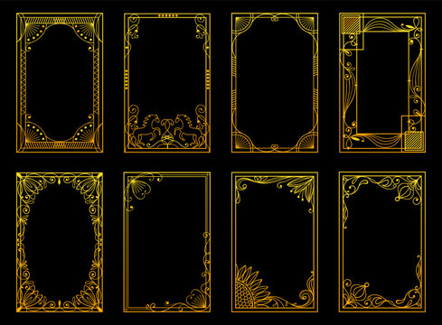 Decorative gold linear frames in Art Deco style. Floral ornament design element. Rectangular floral framework with filigree line flourish. Vector set of vintage borders for postcards