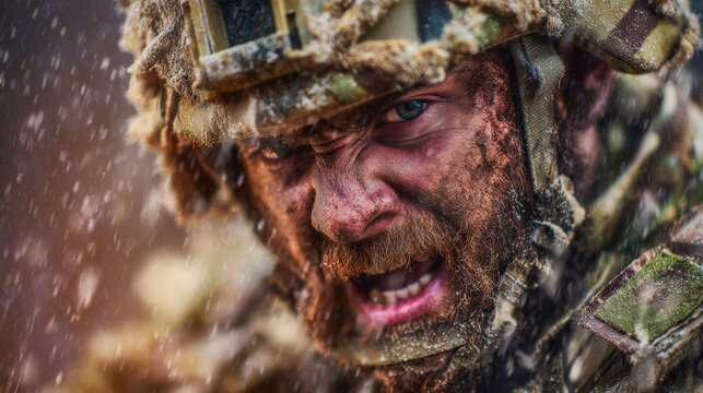 Yelling terrified soldier in combat, post-traumatic stress disorder concept