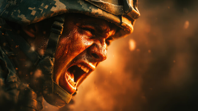 Yelling terrified soldier during shelling, post-traumatic stress disorder concept