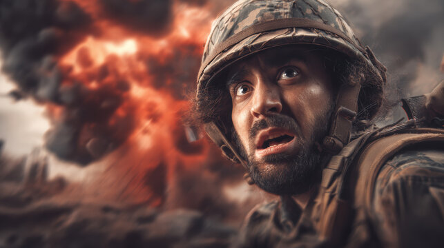 Shocked traumatized soldier on war scene, explosions in the background