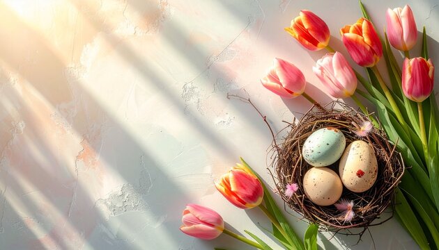 Ostern Osterfeier Wachteleier im Nest mit Tulpen Flatlay im Sonnenlicht | Fr&uuml;hlings Dekoration auf hellem Hintergrund mit viel Copyspace
