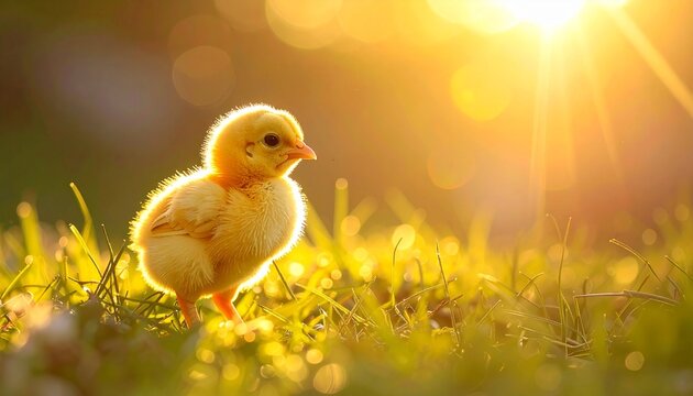 Ostern Osterfeier K&uuml;ken im goldenen Sonnenlicht auf Fr&uuml;hlingswiese | s&uuml;&szlig;es Tiermotiv mit warmem Bokeh und Copyspace