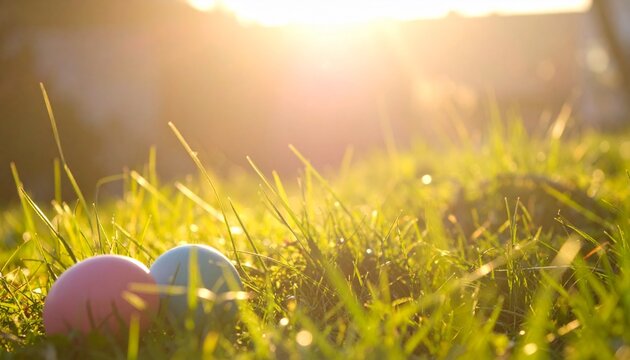 Ostern Osterfeier zwei bunte Ostereier auf Fr&uuml;hlingswiese im goldenen Sonnenlicht | Natur Hintergrund mit Bokeh und viel Copyspace