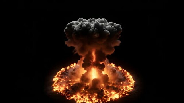 Mushroom cloud nuclear explosion from ground zero on black background digital render