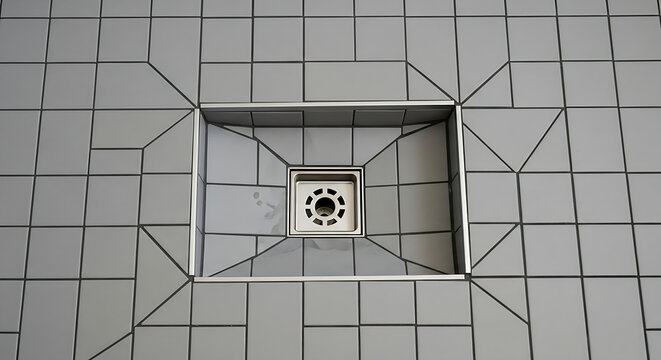 Closeup of a square shower drain on gray tile floor with black grout lines