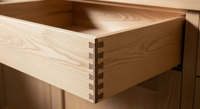Closeup of a wooden drawer with dovetail joints on a cabinet