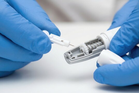 Hands in blue medical gloves assemble a diabetes lancet device, inserting a new sterile needle into the spring-loaded mechanism.