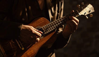 Fototapeta premium A man playing a brown acoustic guitar in a dimly lit room