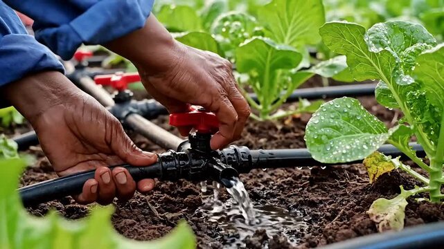 Close-up of a farmer's hands adjusting a drip irrigation system, ensuring water flows to young, healthy green plants in a sustainable vegetable farm. Modern agriculture and water conservation.