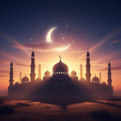 Ramadan background with mosque silhouette at sunset