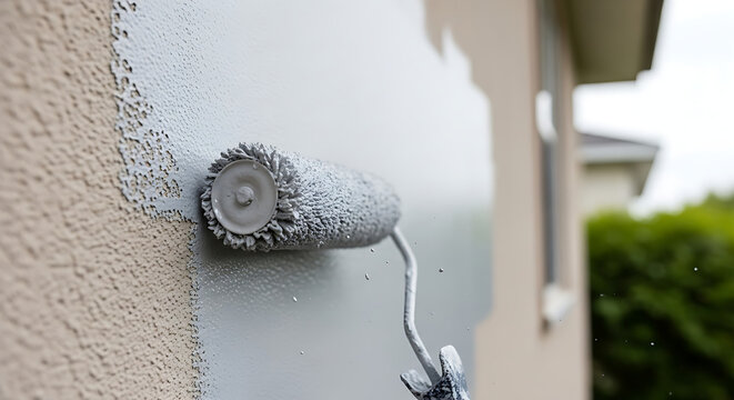 Closeup of paint roller painting exterior stucco wall with gray paint outdoors