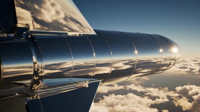 Shiny futuristic airship soaring above the clouds in the sky.