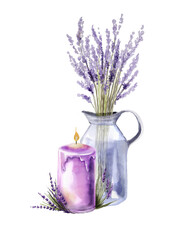 Watercolor illustration of lavender bouquet in glass jug with purple candle. Romantic botanical still life suitable for greeting cards, wedding design, spa branding and seasonal decor. © _Julia_red