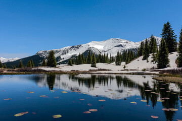 Mountain Lake Reflection Beneath Snow-Capped Peaks in Colorado