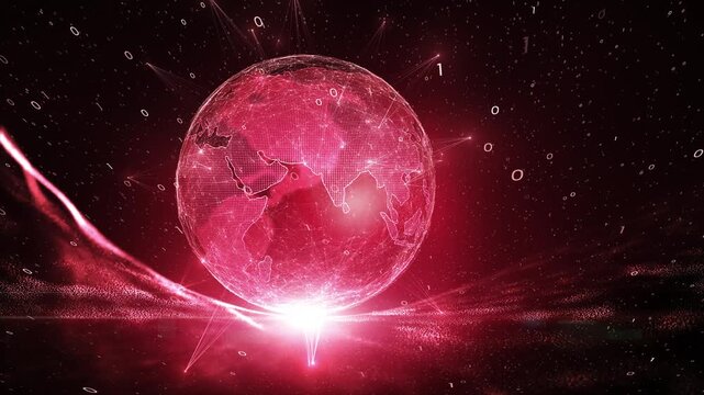 Rotating Earth enclosed in a glowing red sphere, surrounded by swirling binary code and digital particles, symbolizing global risk, cyber threat and technological danger. Seamless looping.