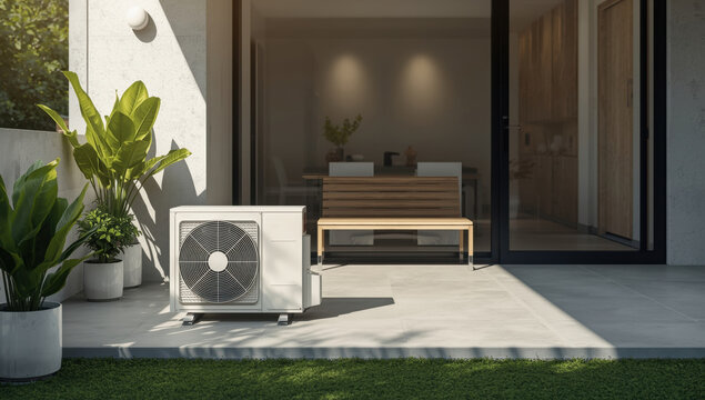 Outdoor air conditioning unit on patio with plants and furniture