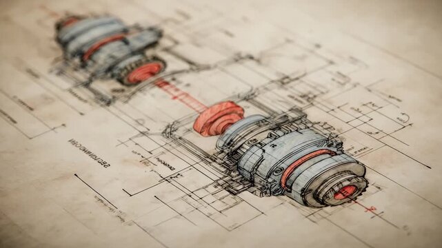Medium shot capturing mechanical technical drawings with intricate gears and machinery components sketched on large drafting paper
