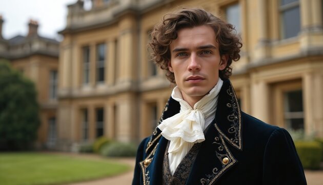 Young man wears historical blue velvet coat with gold embroidery. He stands outdoors before elegant manor house. Gentleman with curly hair has ruffled white cravat.