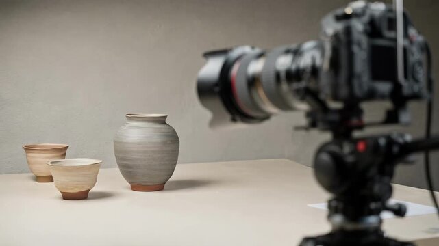 Close medium shot illustrating a mobile digitization setup with DSLR camera mounted on a rig photographing delicate pottery pieces emphasizing the gear in crisp detail against a