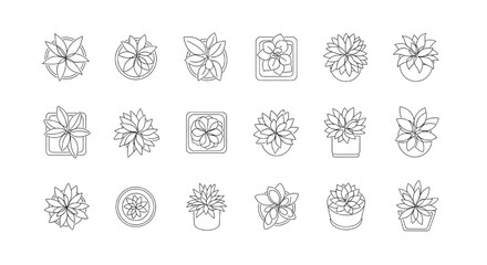 Vector Set of Minimalist Top View Potted Plant Outlines for Architectural Floor Plans
