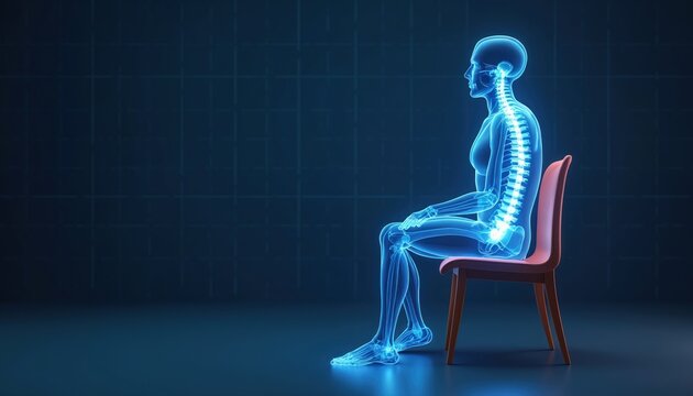 Side view of glowing blue human skeleton sitting upright on chair. Spine is highlighted, illustrating correct posture and spinal alignment. This medical illustration visualizes ergonomic principles.