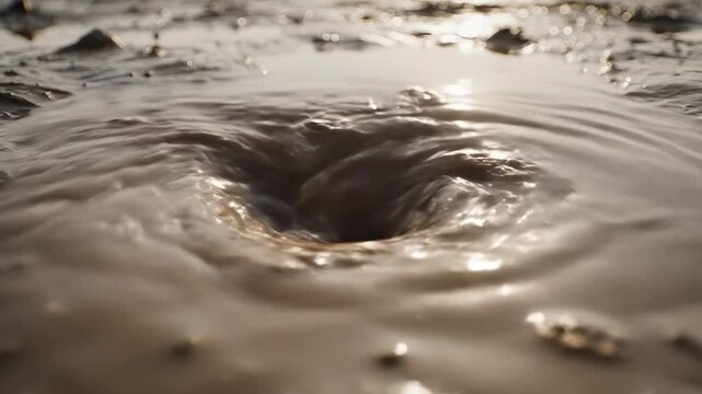 Close-up of a swirling mud hole with water and debris.