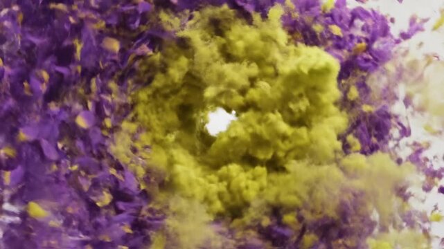 Abstract Vortex of Swirling Yellow and Purple Particles on a White Background