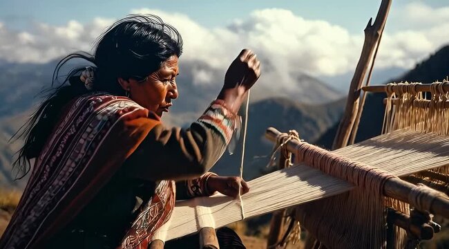 Indigenous woman weaving traditional textile in Andean mountains with scenic valley view
